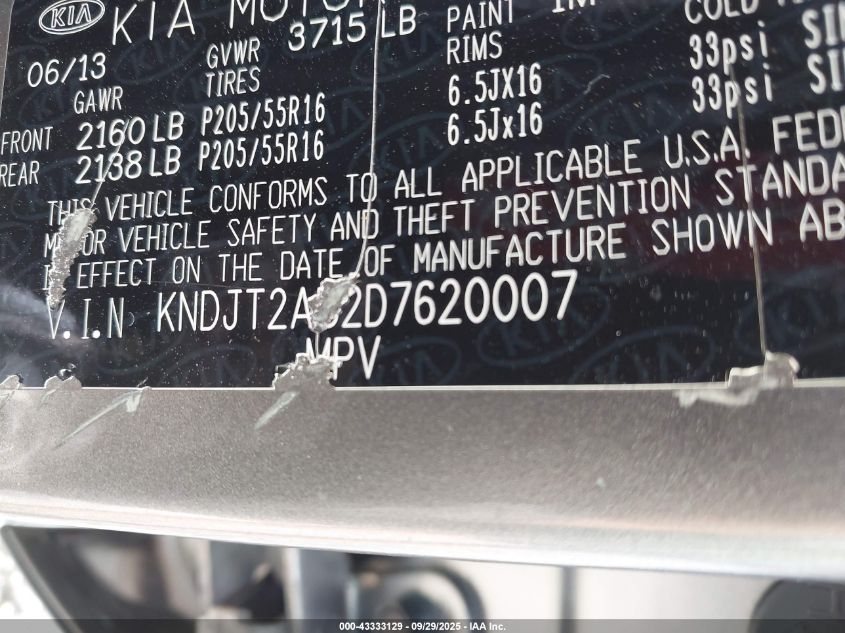 2013 Kia Soul VIN: KNDJT2A52D7620007 Lot: 43333129