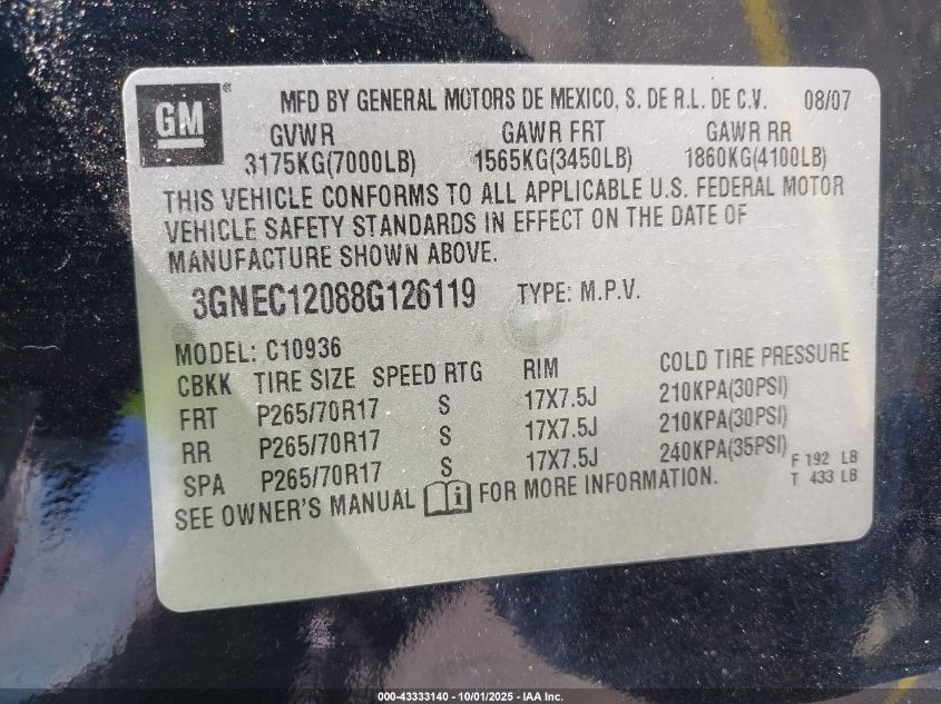 2008 Chevrolet Avalanche 1500 Ls VIN: 3GNEC12088G126119 Lot: 43333140