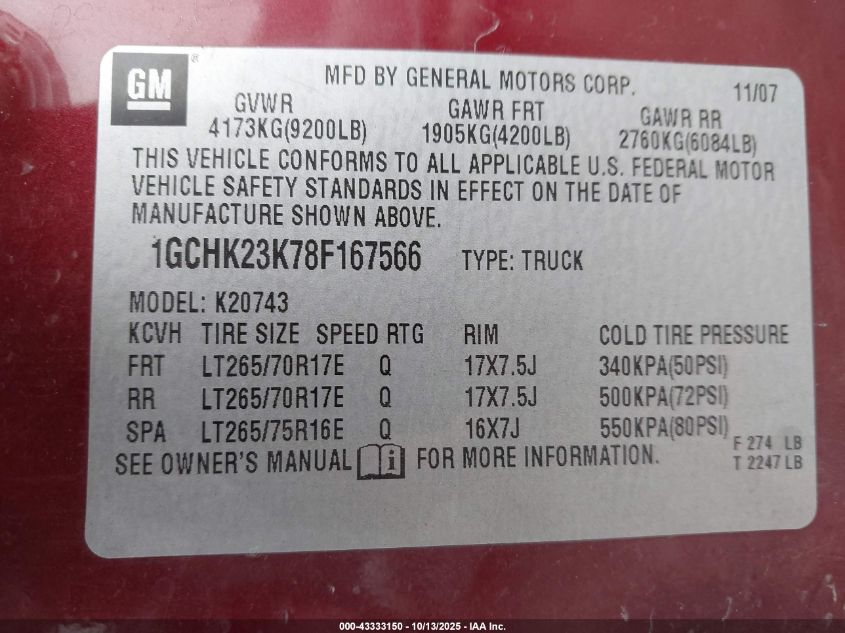 2008 Chevrolet Silverado 2500Hd Ltz VIN: 1GCHK23K78F167566 Lot: 43333150