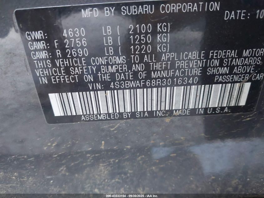 2024 Subaru Legacy Premium VIN: 4S3BWAF68R3016340 Lot: 43333154