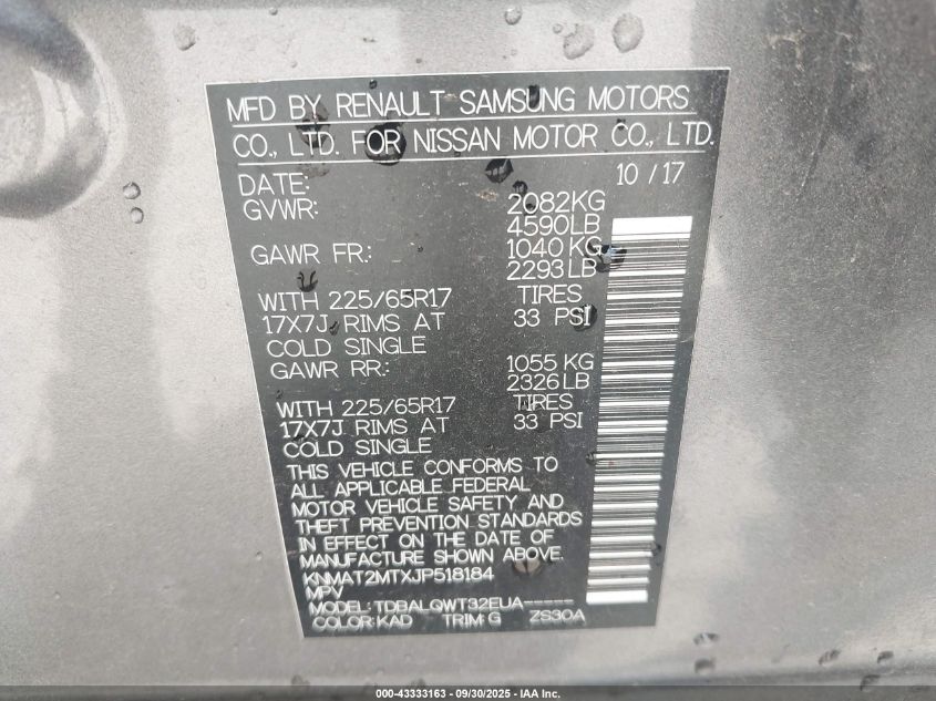 2018 Nissan Rogue Sv VIN: KNMAT2MTXJP518184 Lot: 43333163