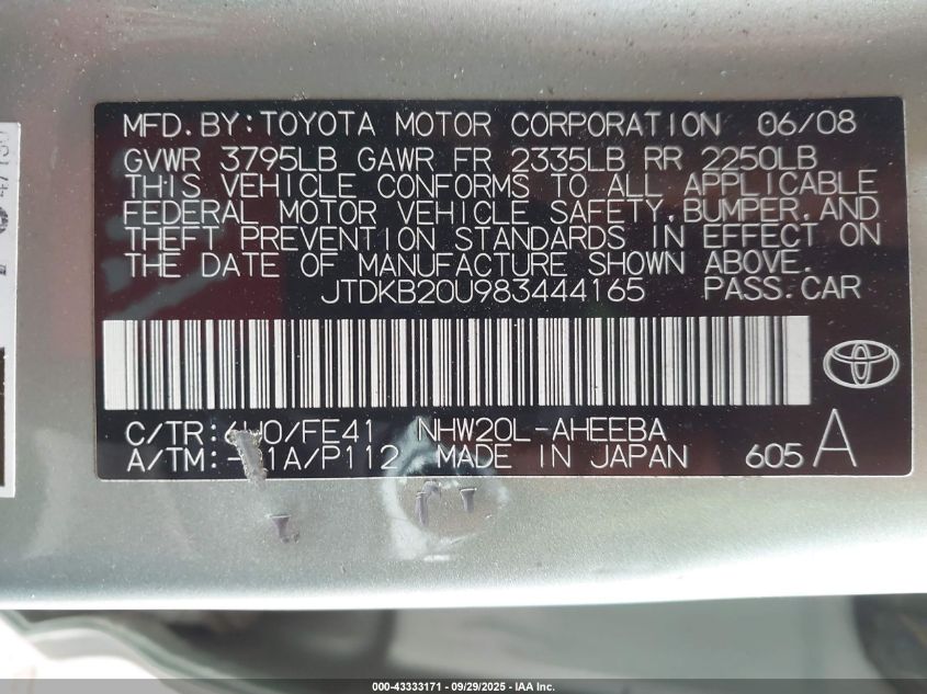 2008 Toyota Prius VIN: JTDKB20U983444165 Lot: 43333171