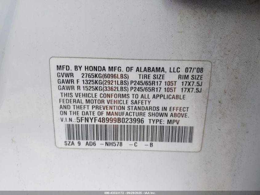 2009 Honda Pilot Touring VIN: 5FNYF48999B023996 Lot: 43333172