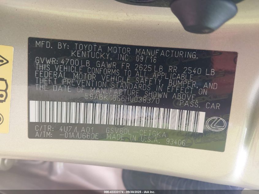 2017 Lexus Es 350 VIN: 58ABK1GG6HU038370 Lot: 43333174