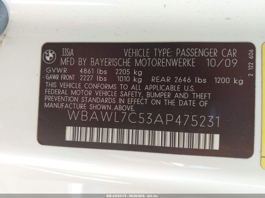 2010 BMW 335I VIN: WBAWL7C53AP475231 Lot: 43333175