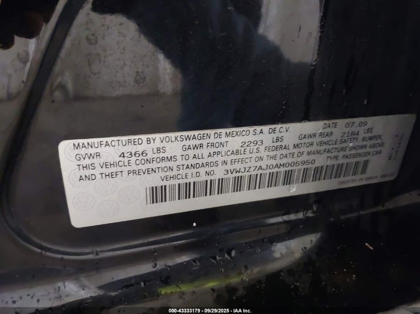 2010 Volkswagen Jetta S VIN: 3VWJZ7AJ0AM005950 Lot: 43333179