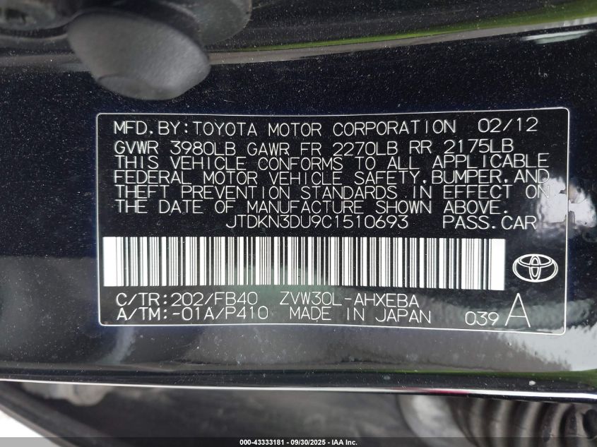 2012 Toyota Prius Two VIN: JTDKN3DU9C1510693 Lot: 43333181