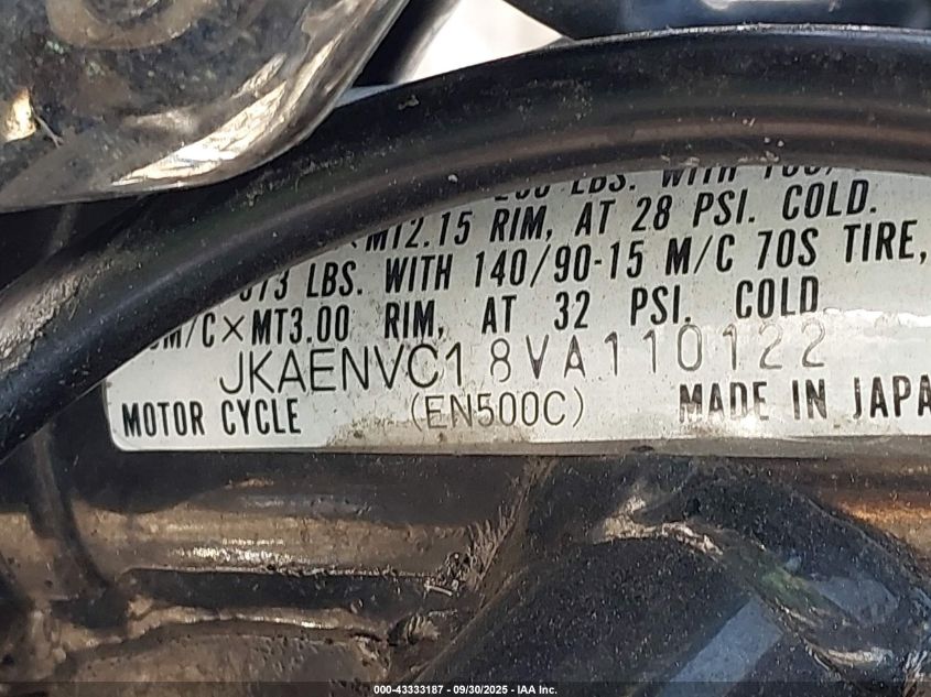 1997 Kawasaki En500 C VIN: JKAENVC18VA110122 Lot: 43333187