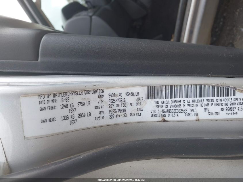 2002 Jeep Grand Cherokee Laredo VIN: 1J4GW48S92C322593 Lot: 43333188