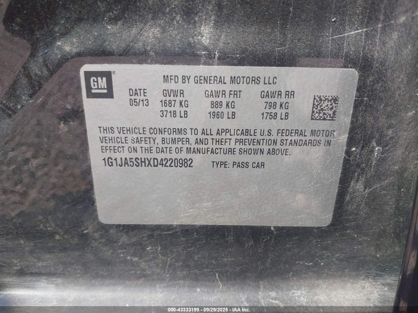 2013 Chevrolet Sonic Ls Auto VIN: 1G1JA5SHXD4220982 Lot: 43333199