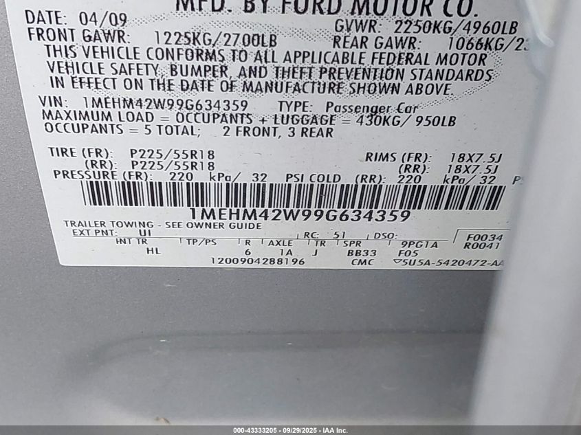 2009 Mercury Sable Premier VIN: 1MEHM42W99G634359 Lot: 43333205