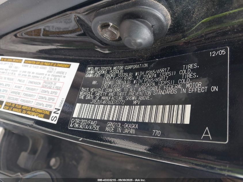 2006 Toyota 4Runner Sr5 V6 VIN: JTEZU14R760070772 Lot: 43333215