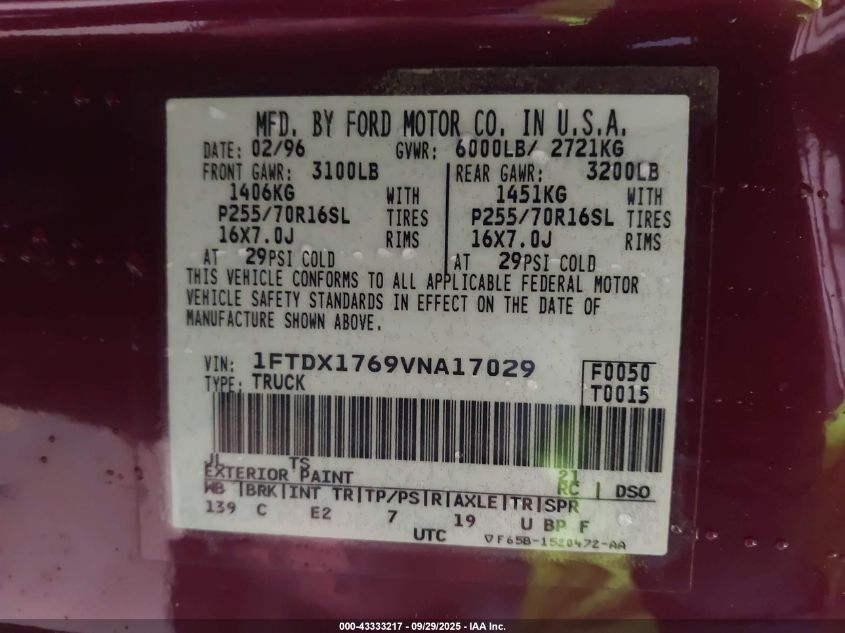1997 Ford F-150 Lariat/Standard/Xl/Xlt VIN: 1FTDX1769VNA17029 Lot: 43333217