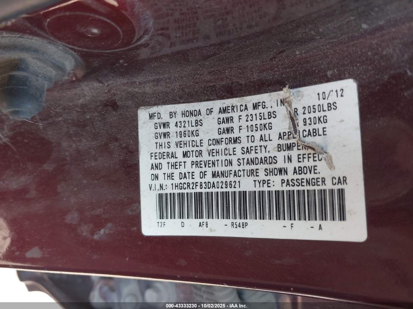 2013 Honda Accord Ex-L VIN: 1HGCR2F83DA029621 Lot: 43333230