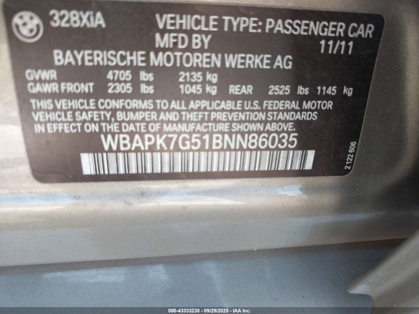 2011 BMW 328I xDrive VIN: WBAPK7G51BNN86035 Lot: 43333238