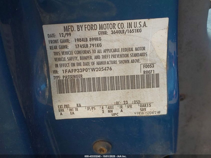 2000 Ford Focus Lx VIN: 1FAFP33P0YW205476 Lot: 43333240