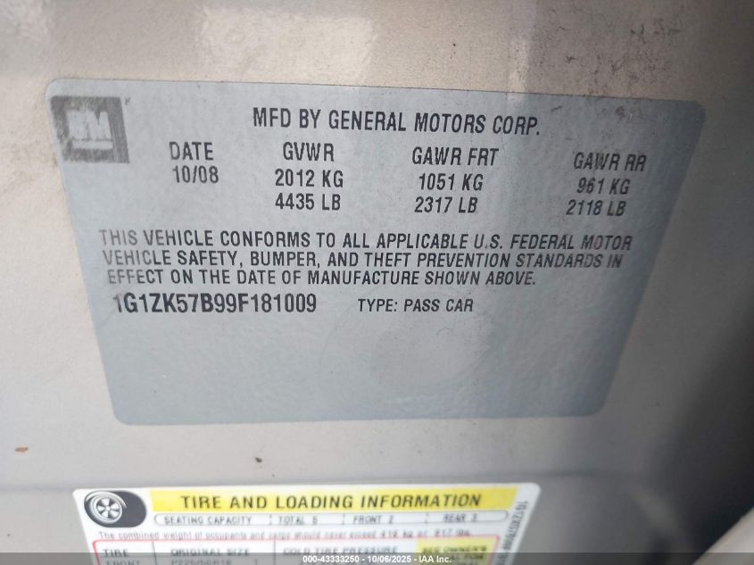 2009 Chevrolet Malibu Ltz VIN: 1G1ZK57B99F181009 Lot: 43333250