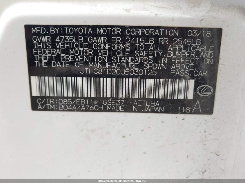 2018 Lexus Is 300 VIN: JTHC81D20J5030125 Lot: 43333253