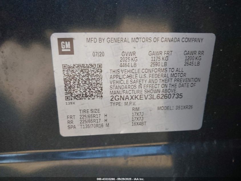 2020 Chevrolet Equinox Fwd Lt 1.5L Turbo VIN: 2GNAXKEV3L6260735 Lot: 43333266