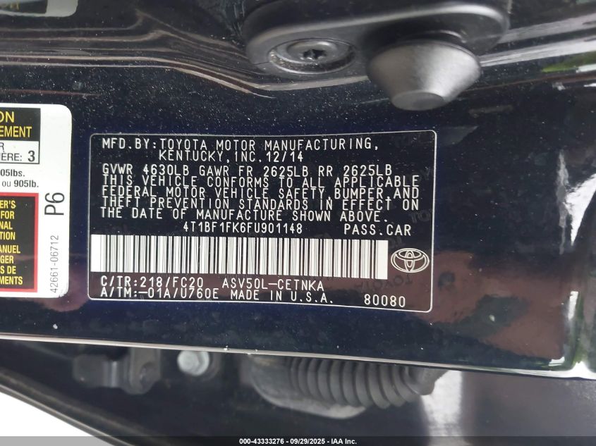 2015 Toyota Camry Le VIN: 4T1BF1FK6FU901148 Lot: 43333276