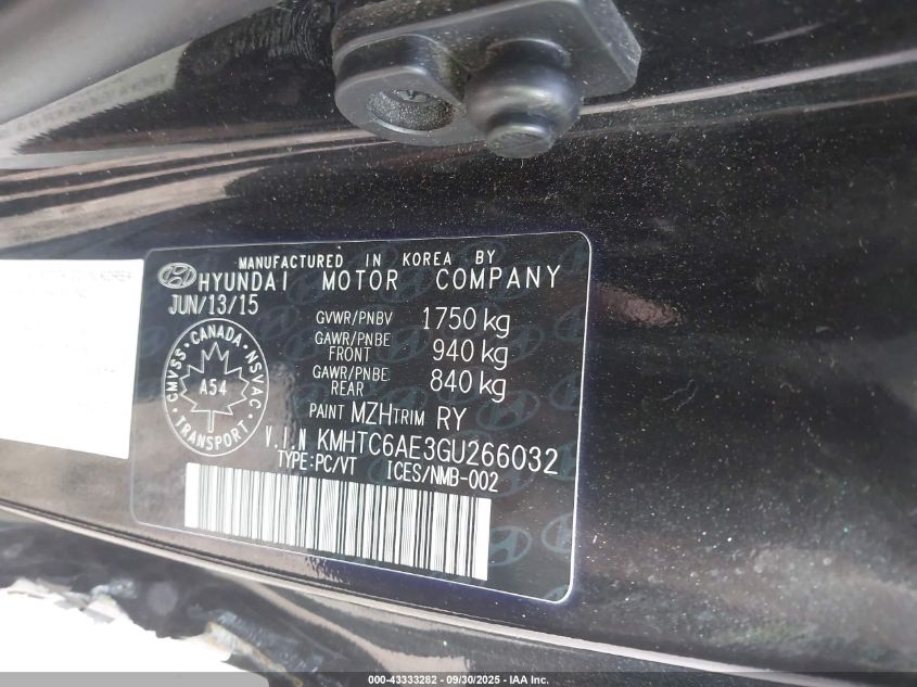 2016 Hyundai Veloster Turbo VIN: KMHTC6AE3GU266032 Lot: 43333282