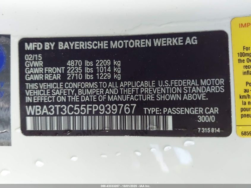 2015 BMW 435I VIN: WBA3T3C55FP939767 Lot: 43333287
