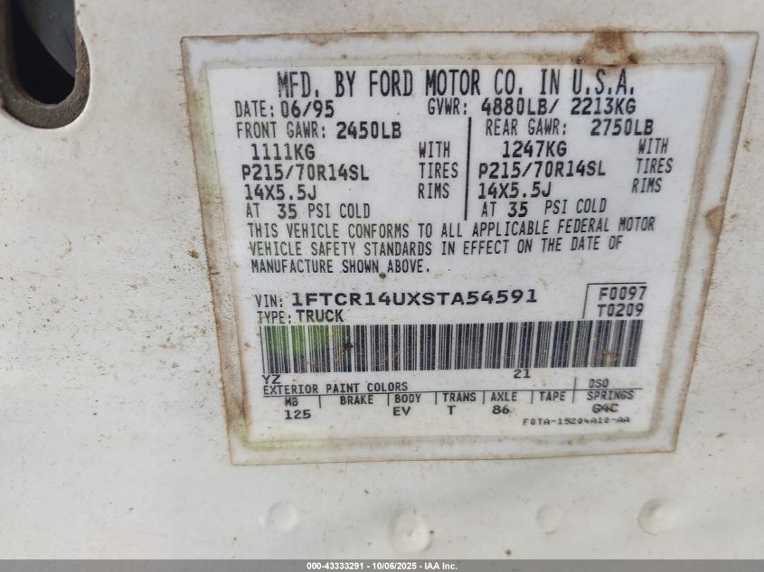 1995 Ford Ranger Super Cab VIN: 1FTCR14UXSTA54591 Lot: 43333291