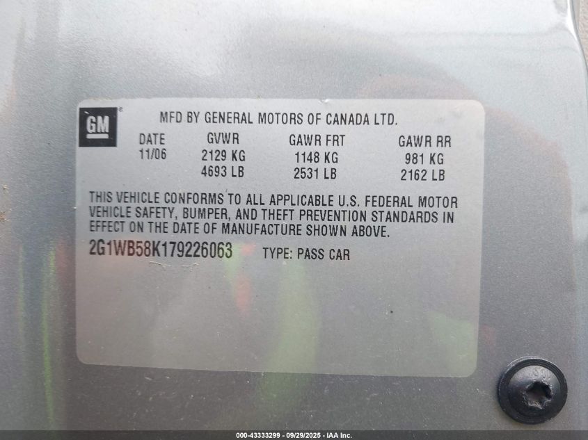 2007 Chevrolet Impala Ls VIN: 2G1WB58K179226063 Lot: 43333299