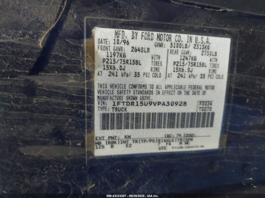 1997 Ford Ranger Splash/Stx/Xl/Xlt VIN: 1FTDR15U9VPA30928 Lot: 43333307