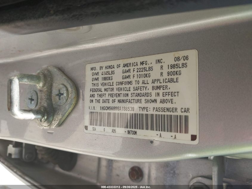 2006 Honda Accord 2.4 Ex VIN: 1HGCM56896A186539 Lot: 43333312