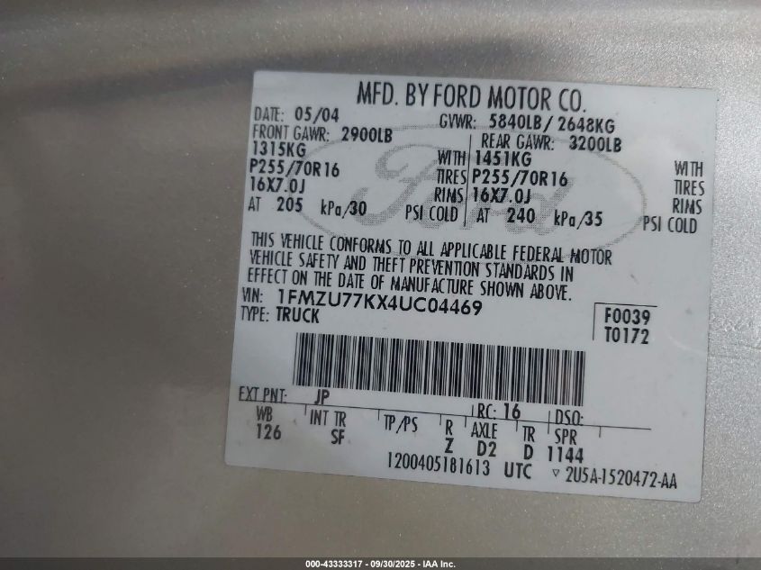 2004 Ford Explorer Sport Trac Adrenalin/Xls/Xlt VIN: 1FMZU77KX4UC04469 Lot: 43333317