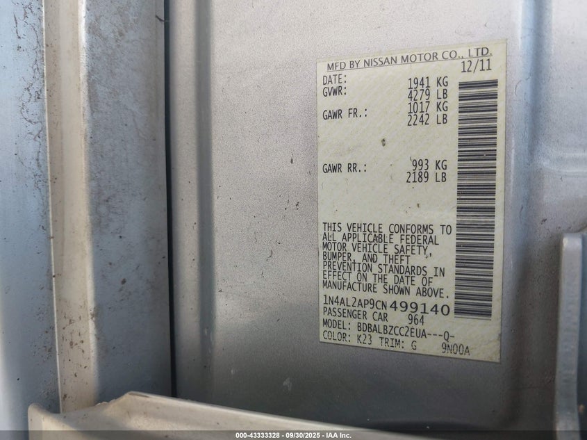 2012 Nissan Altima 2.5 S VIN: 1N4AL2AP9CN499140 Lot: 43333328