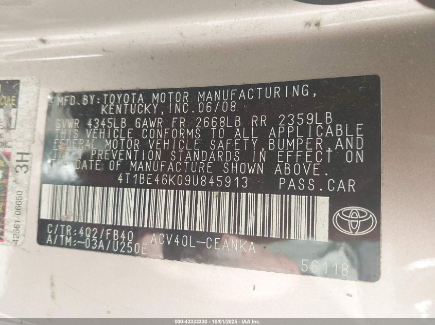 2009 Toyota Camry Le VIN: 4T1BE46K09U845913 Lot: 43333330