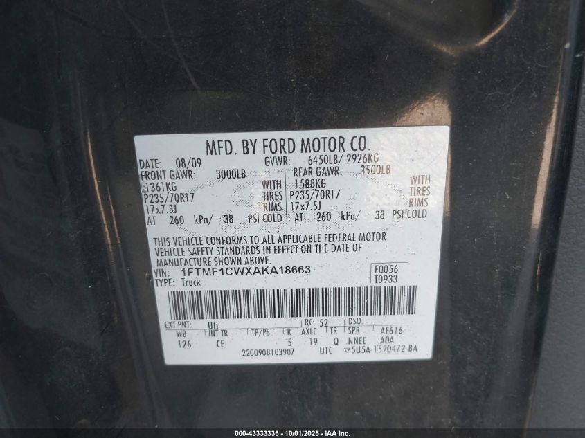 2010 Ford F-150 Stx/Xl/Xlt VIN: 1FTMF1CWXAKA18663 Lot: 43333335