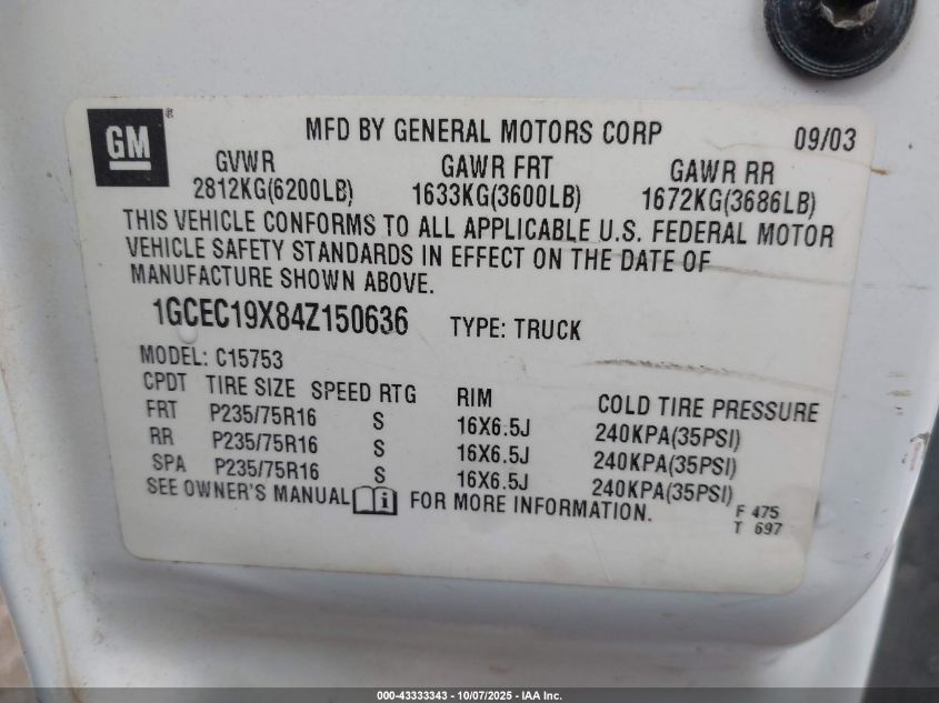 2004 Chevrolet Silverado 1500 VIN: 1GCEC19X84Z150636 Lot: 43333343