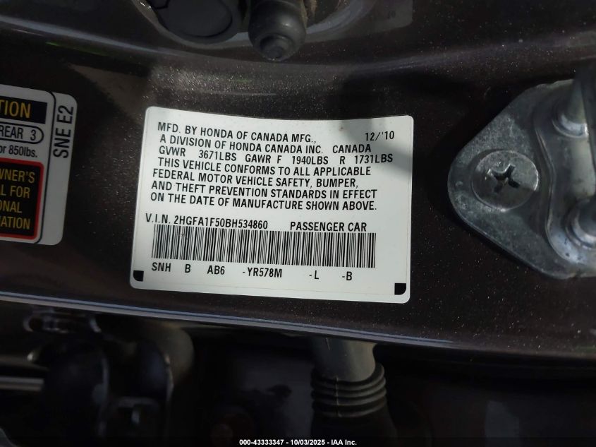 2011 Honda Civic Lx VIN: 2HGFA1F50BH534860 Lot: 43333347