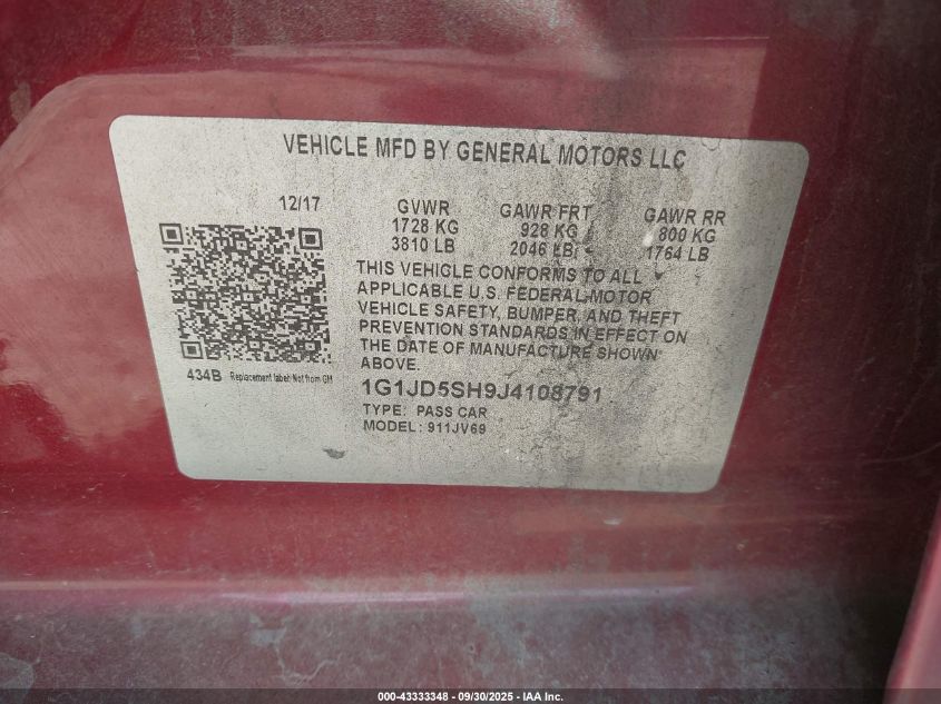 2018 Chevrolet Sonic Lt Auto VIN: 1G1JD5SH9J4108791 Lot: 43333348