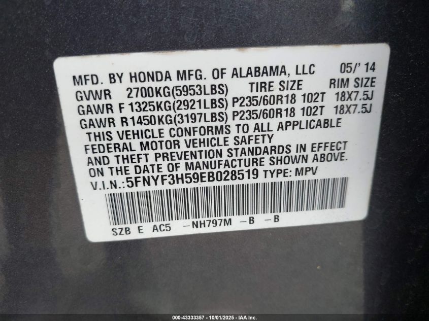 2014 Honda Pilot Ex-L VIN: 5FNYF3H59EB028519 Lot: 43333357
