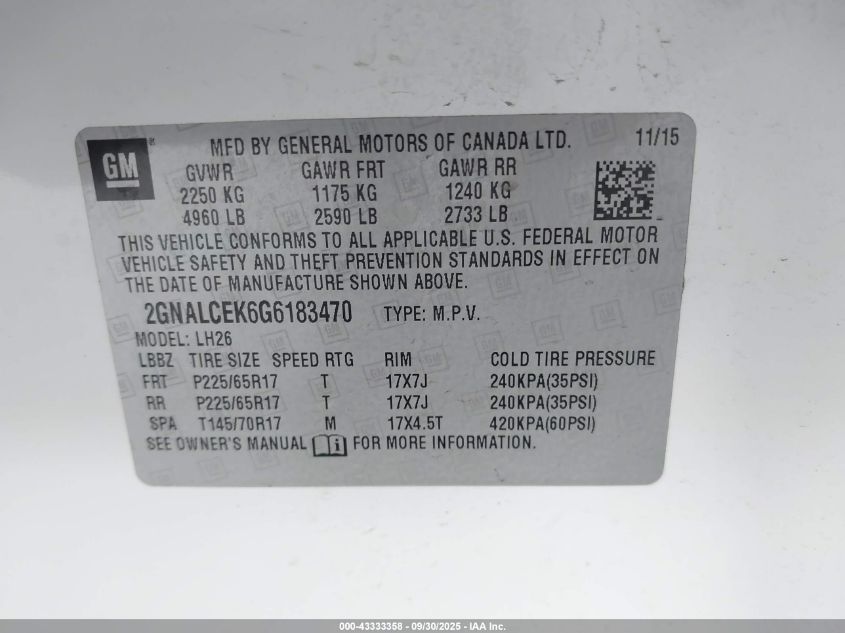 2016 Chevrolet Equinox Lt VIN: 2GNALCEK6G6183470 Lot: 43333358