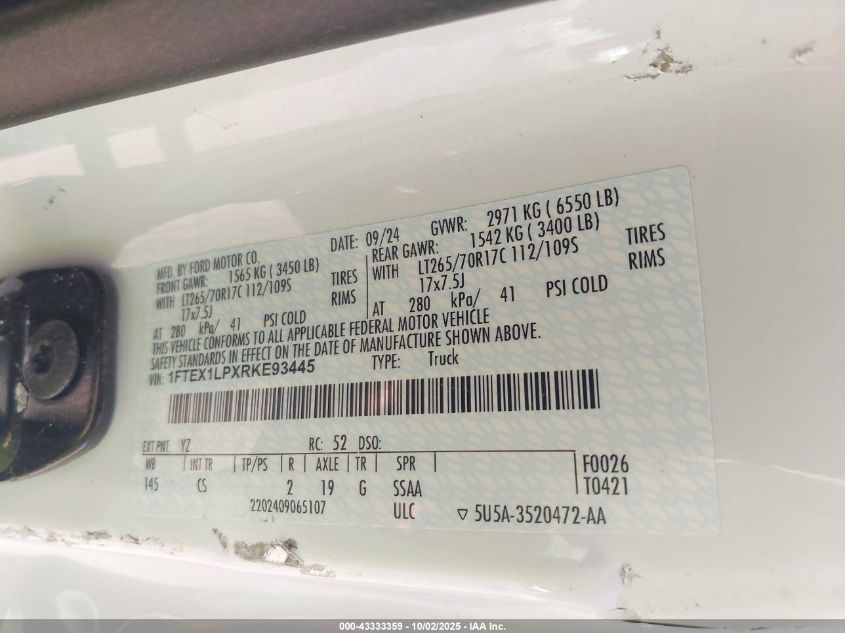 2024 Ford F-150 Xl VIN: 1FTEX1LPXRKE93445 Lot: 43333359