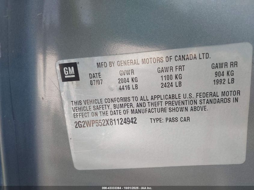 2008 Pontiac Grand Prix VIN: 2G2WP552X81124942 Lot: 43333364