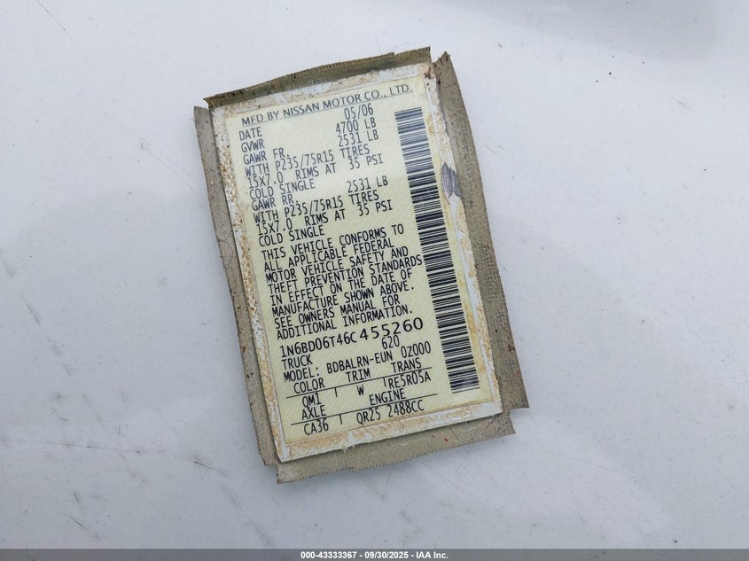2006 Nissan Frontier Xe VIN: 1N6BD06T46C455260 Lot: 43333367