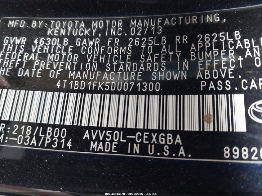 2013 Toyota Camry Hybrid Xle VIN: 4T1BD1FK5DU071300 Lot: 43333370