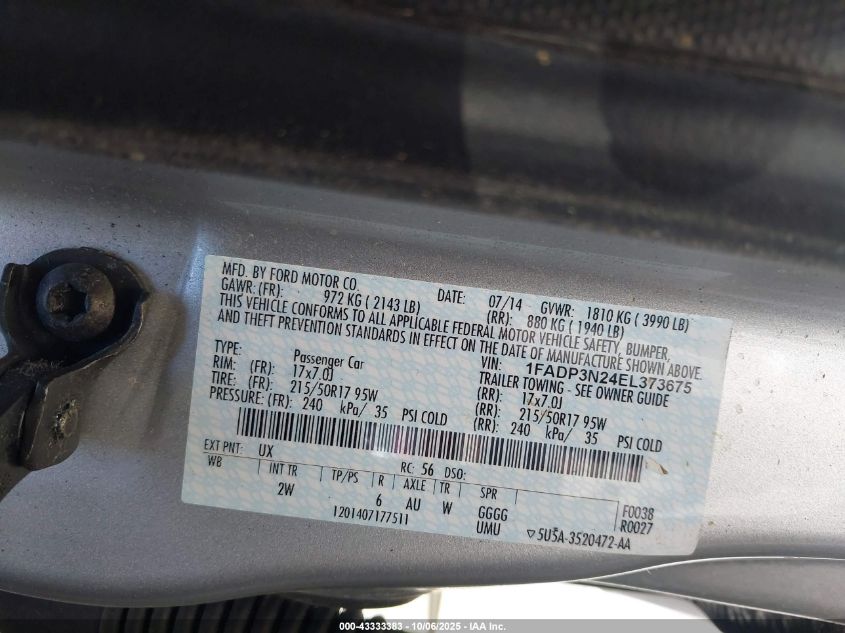 2014 Ford Focus Titanium VIN: 1FADP3N24EL373675 Lot: 43333383