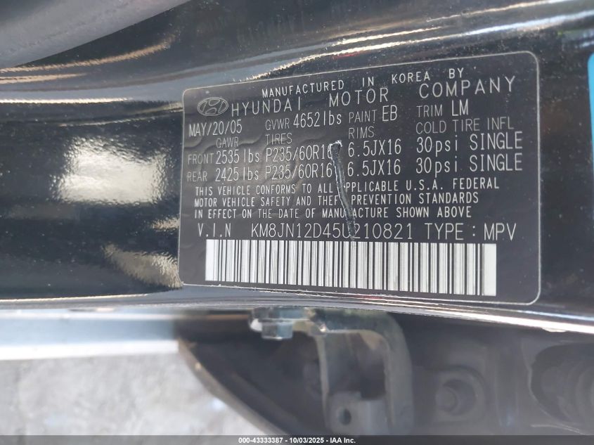 2005 Hyundai Tucson Gls/Lx VIN: KM8JN12D45U210821 Lot: 43333387