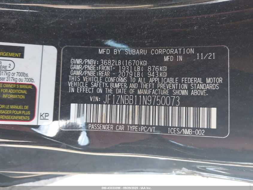 2022 Toyota Gr86 VIN: JF1ZNBB11N9750073 Lot: 43333398