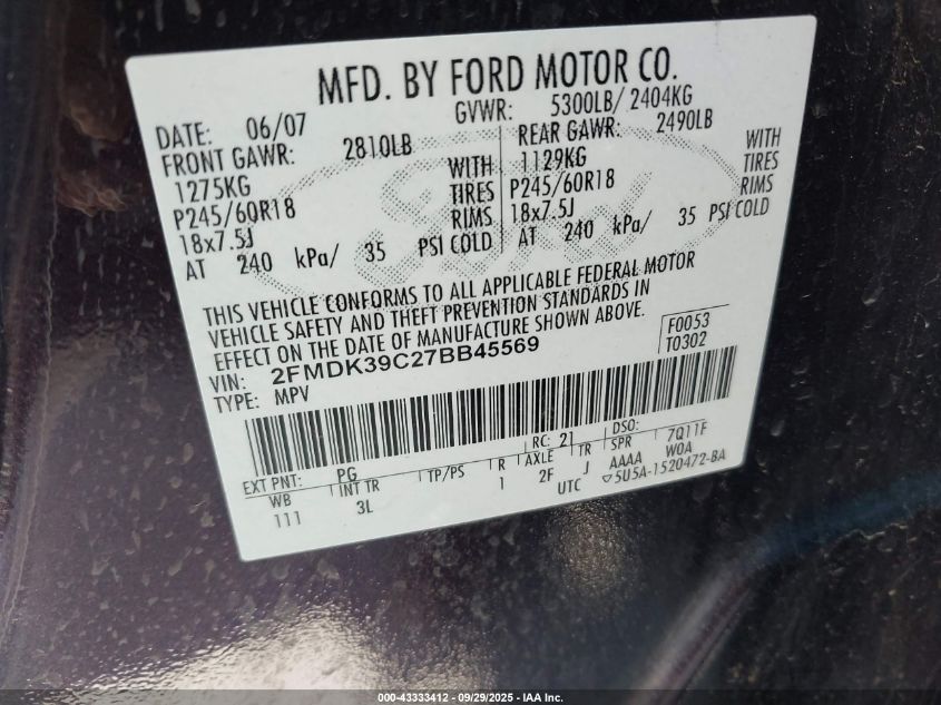 2007 Ford Edge Sel Plus VIN: 2FMDK39C27BB45569 Lot: 43333412