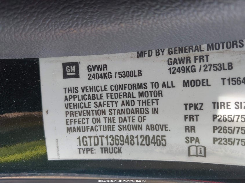 2004 GMC Canyon Sle VIN: 1GTDT136948120465 Lot: 43333421