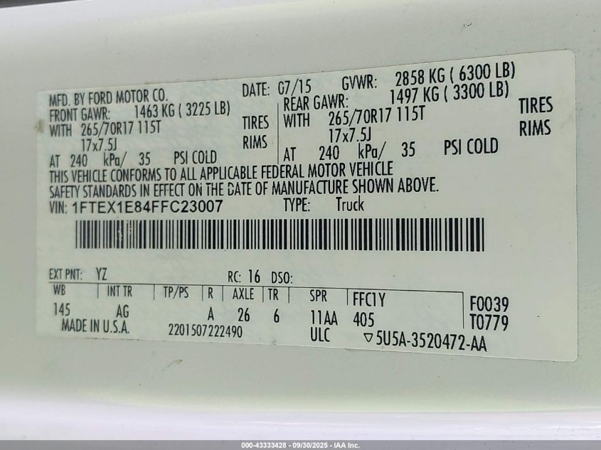 2015 Ford F-150 Xl VIN: 1FTEX1E84FFC23007 Lot: 43333428