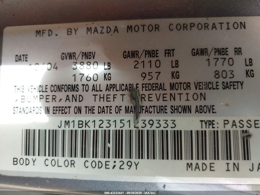 2005 Mazda Mazda3 S VIN: JM1BK123151239333 Lot: 43333441